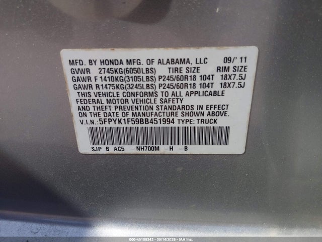 Aukcja sprzedaży 2011 Honda Ridgeline Rtl, vin: 5FPYK1F59BB451994, numer aukcji: 45108343
