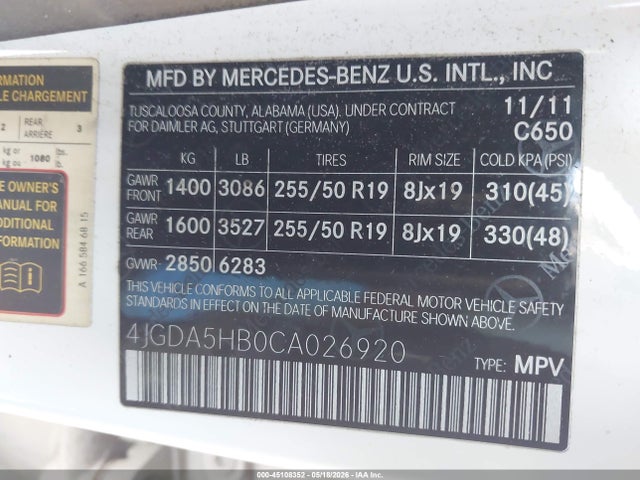 45108352 :رقم المزاد ، 4JGDA5HB0CA026920 vin ، 2012 Mercedes-benz Ml 350 4matic مزاد بيع