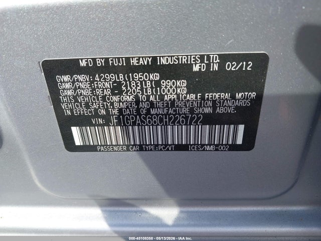 2012 Subaru Impreza 2.0i Sport Limited მანქანა იყიდება აუქციონზე, vin: JF1GPAS68CH226722, აუქციონის ნომერი: 45108358
