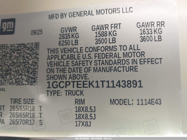 45108360 :رقم المزاد ، 1GCPTEEK1T1143891 vin ، 2026 Chevrolet Colorado Trail Boss, 4wd مزاد بيع