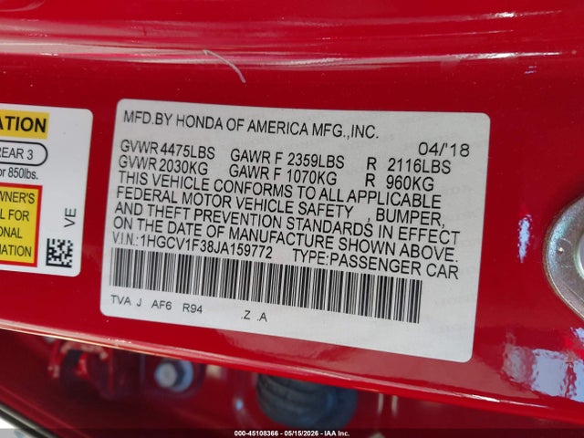 2018 Honda Accord Sport მანქანა იყიდება აუქციონზე, vin: 1HGCV1F38JA159772, აუქციონის ნომერი: 45108366