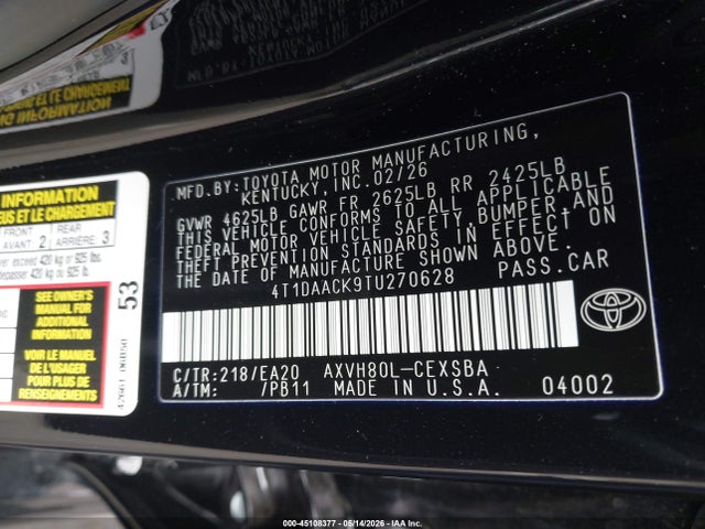 Toyota Camry Nightshade 2026 4T1DAACK9TU270628 Image 9