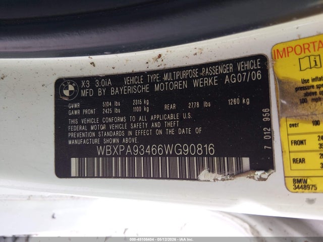 Aukcja sprzedaży 2006 Bmw X3 3.0i, vin: WBXPA93466WG90816, numer aukcji: 45108404