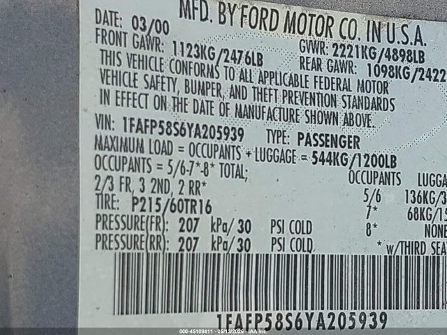 45108411 :رقم المزاد ، 1FAFP58S6YA205939 vin ، 2000 Ford Taurus Se مزاد بيع
