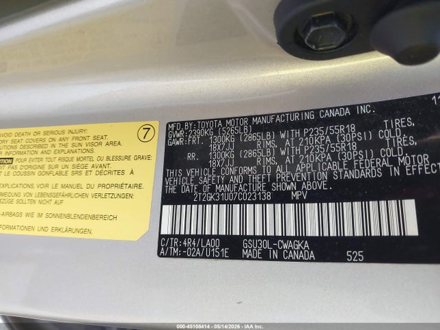 Продаж на аукціоні авто 2007 Lexus Rx 350, vin: 2T2GK31U07C023138, номер лоту: 45108414