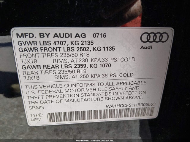 2017 Audi Q3 2.0t Premium მანქანა იყიდება აუქციონზე, vin: WA1HCCFS1HR005553, აუქციონის ნომერი: 45108427