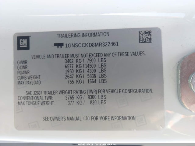 Chevrolet Suburban 2wd Lt 2021 1GNSCCKD8MR322461 Image 9