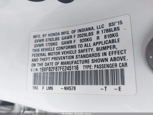 Продажа на аукционе авто 2015 Honda Civic Ex, vin: 19XFB2F87FE245116, номер лота: 45108431