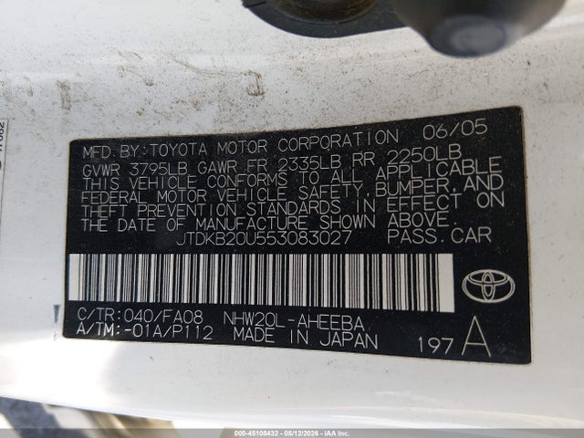 45108432 :رقم المزاد ، JTDKB20U553083027 vin ، 2005 Toyota Prius مزاد بيع