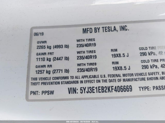 Продаж на аукціоні авто 2019 Tesla Model 3 Long Range/performance, vin: 5YJ3E1EB2KF406669, номер лоту: 45108434