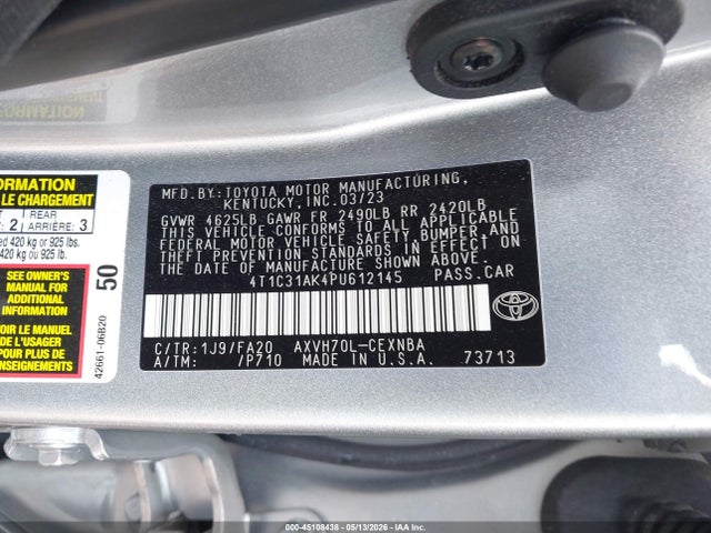 Auction sale of the 2023 Toyota Camry Le Hybrid, vin: 4T1C31AK4PU612145, lot number: 45108438