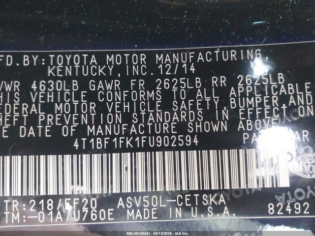 45108441 :رقم المزاد ، 4T1BF1FK1FU902594 vin ، 2015 Toyota Camry Se مزاد بيع