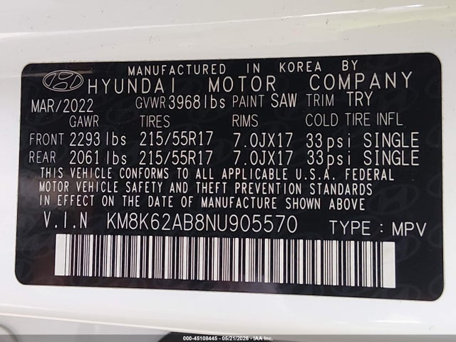 Aukcja sprzedaży 2022 Hyundai Kona Sel, vin: KM8K62AB8NU905570, numer aukcji: 45108445