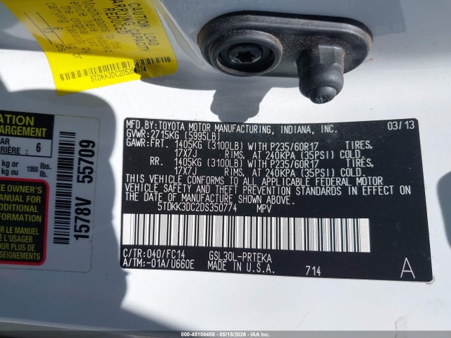 Aukcja sprzedaży 2013 Toyota Sienna Le V6 8 Passenger, vin: 5TDKK3DC2DS350774, numer aukcji: 45108458