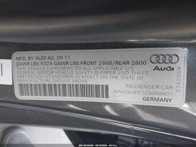 45108459 :رقم المزاد ، WAU2GAFC1CN046601 vin ، 2012 Audi A7 Premium مزاد بيع