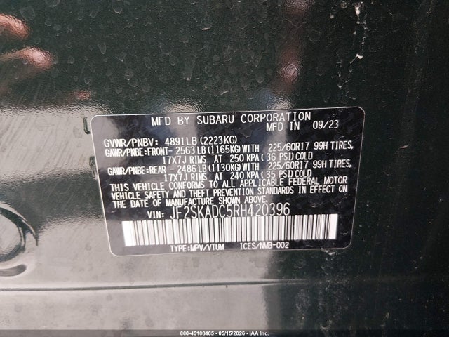 Aukcja sprzedaży 2024 Subaru Forester Premium, vin: JF2SKADC5RH420396, numer aukcji: 45108465