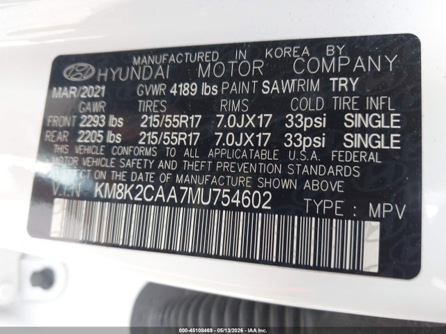45108469 :رقم المزاد ، KM8K2CAA7MU754602 vin ، 2021 Hyundai Kona Sel مزاد بيع