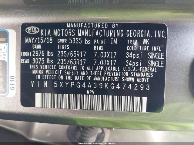 5XYPG4A39KG474293 KIA Sorento 2.4l L