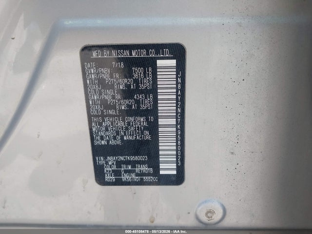 Aukcja sprzedaży 2019 Nissan Armada Platinum, vin: JN8AY2NC7K9580023, numer aukcji: 45108478