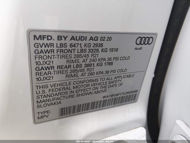 Aukcja sprzedaży 2020 Audi Q8 Premium Plus 55 Tfsi Quattro Tiptronic, vin: WA1BVAF17LD020298, numer aukcji: 45108487