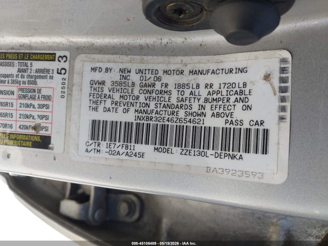 Продаж на аукціоні авто 2006 Toyota Corolla Le, vin: 1NXBR32E46Z654621, номер лоту: 45108489