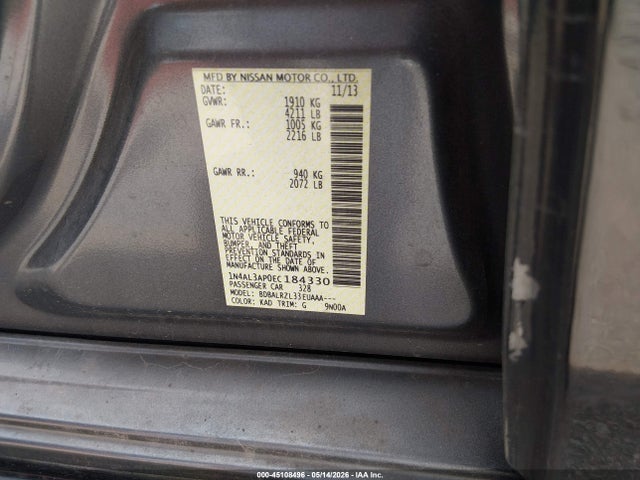 Продаж на аукціоні авто 2014 Nissan Altima 2.5 S, vin: 1N4AL3AP0EC184330, номер лоту: 45108496