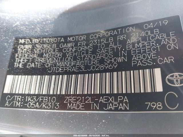 Aukcja sprzedaży 2020 Toyota Corolla Le, vin: JTDEPRAE3LJ028969, numer aukcji: 45108499
