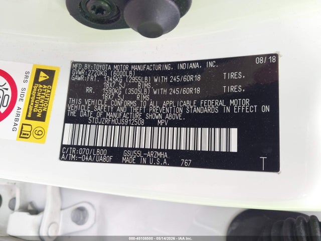 45108500 :رقم المزاد ، 5TDJZRFH0JS912508 vin ، 2018 Toyota Highlander Xle مزاد بيع