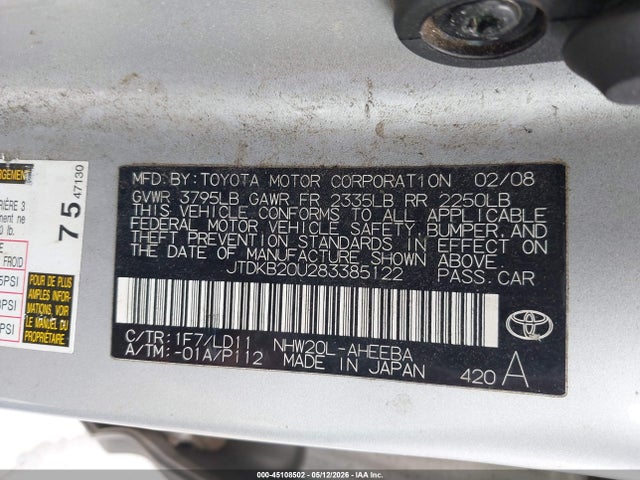 Aukcja sprzedaży 2008 Toyota Prius, vin: JTDKB20U283385122, numer aukcji: 45108502