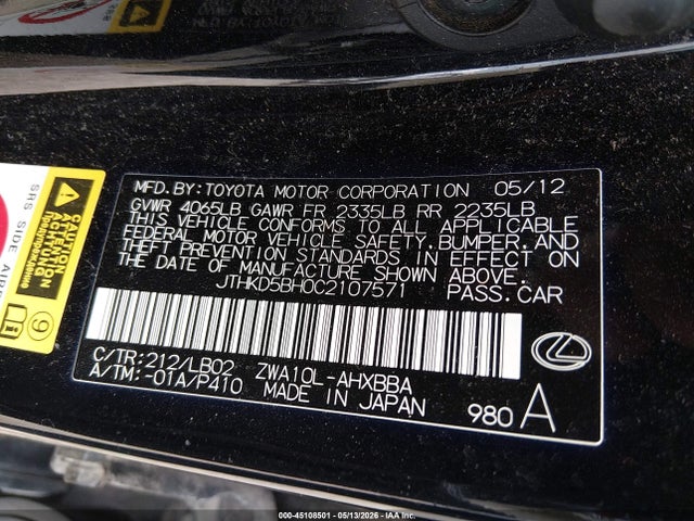 45108501 :رقم المزاد ، JTHKD5BH0C2107571 vin ، 2012 Lexus Ct 200 مزاد بيع