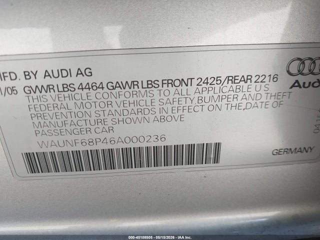 Aukcja sprzedaży 2006 Audi A3 2.0t, vin: WAUNF68P46A000236, numer aukcji: 45108505