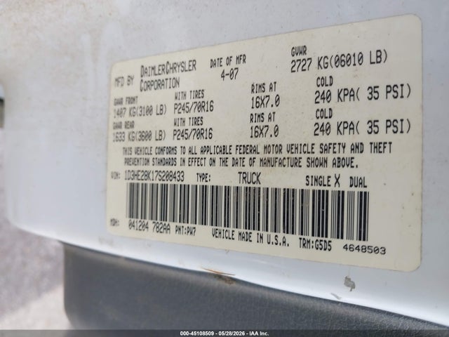 Продаж на аукціоні авто 2007 Dodge Dakota St, vin: 1D3HE28K17S208433, номер лоту: 45108509