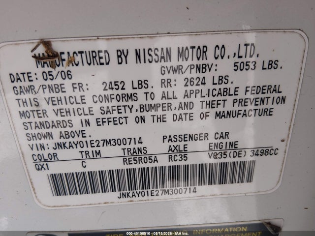 Aukcja sprzedaży 2007 Infiniti M35, vin: JNKAY01E27M300714, numer aukcji: 45108510