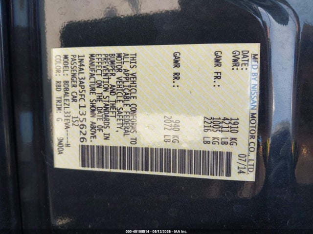 1N4AL3AP5FC135626 Nissan Altima 2.5 S