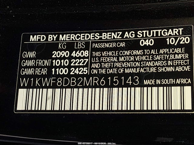 2021 Mercedes-benz C 300 Sedan მანქანა იყიდება აუქციონზე, vin: W1KWF8DB2MR615143, აუქციონის ნომერი: 45108517