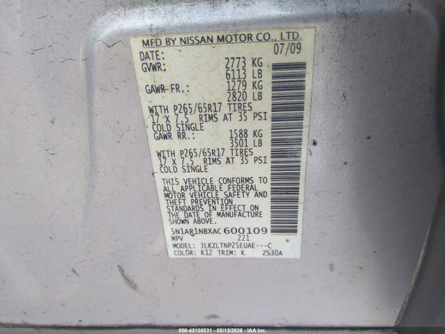 Продаж на аукціоні авто 2010 Nissan Pathfinder Se, vin: 5N1AR1NBXAC600109, номер лоту: 45108531