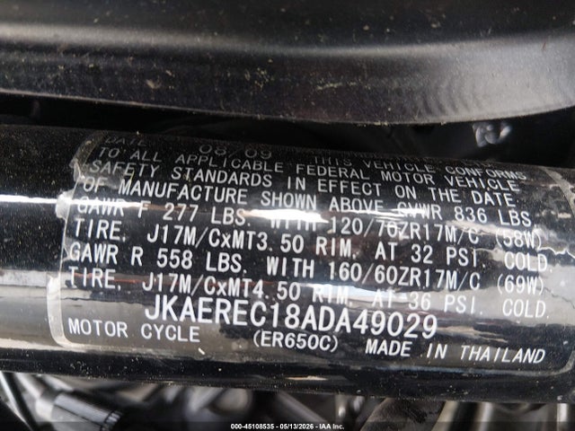45108535 :رقم المزاد ، JKAEREC18ADA49029 vin ، 2010 Kawasaki Er650 C مزاد بيع
