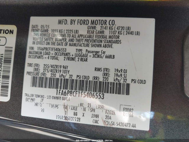 45108537 :رقم المزاد ، 1FA6P8CF1F5406553 vin ، 2015 Ford Mustang Gt مزاد بيع