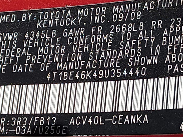2009 Toyota Camry Le მანქანა იყიდება აუქციონზე, vin: 4T1BE46K49U354440, აუქციონის ნომერი: 45108538