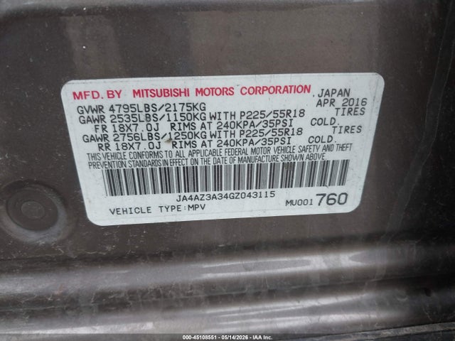 Продажа на аукционе авто 2016 Mitsubishi Outlander Se, vin: JA4AZ3A34GZ043115, номер лота: 45108551