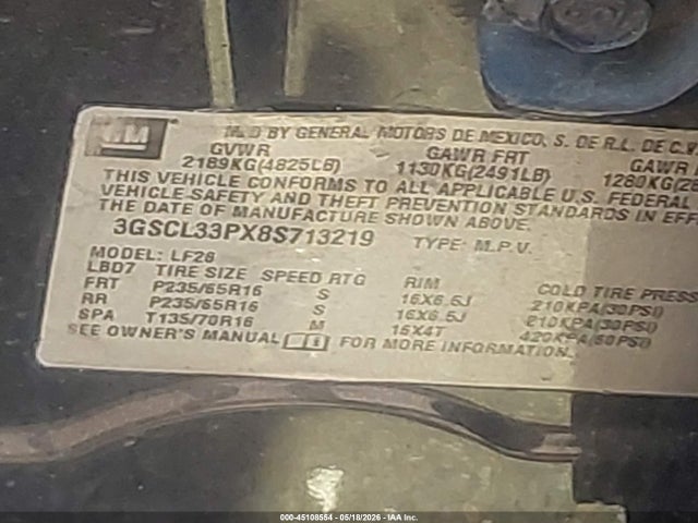 45108554 :رقم المزاد ، 3GSCL33PX8S713219 vin ، 2008 Saturn Vue Xe مزاد بيع