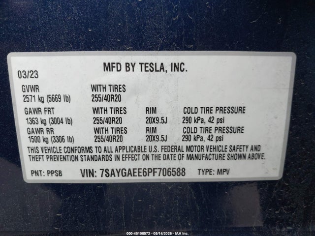 Aukcja sprzedaży 2023 Tesla Model Y Awd/long Range Dual Motor All-wheel Drive, vin: 7SAYGAEE6PF706588, numer aukcji: 45108572
