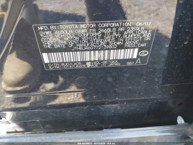 Продаж на аукціоні авто 2007 Lexus Es 350, vin: JTHBJ46G772139802, номер лоту: 45108573