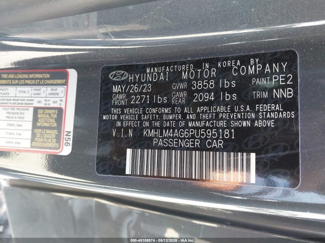 2023 Hyundai Elantra Sel მანქანა იყიდება აუქციონზე, vin: KMHLM4AG6PU595181, აუქციონის ნომერი: 45108574