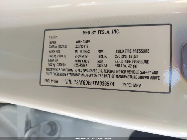 45108578 :رقم المزاد ، 7SAYGDEEXPA036574 vin ، 2023 Tesla Model Y Awd/long Range Dual Motor All-wheel Drive مزاد بيع