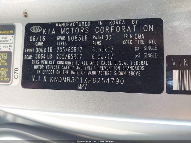 Продажа на аукционе авто 2017 Kia Sedona Lx, vin: KNDMB5C1XH6254790, номер лота: 45108583