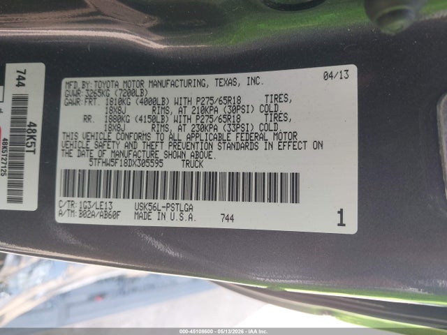 Aukcja sprzedaży 2013 Toyota Tundra Limited 5.7l V8, vin: 5TFHW5F18DX305595, numer aukcji: 45108600