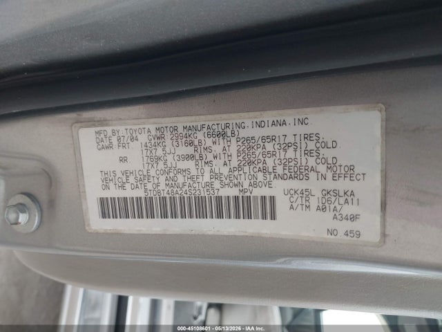 Продажа на аукционе авто 2004 Toyota Sequoia Limited V8, vin: 5TDBT48A24S231537, номер лота: 45108601