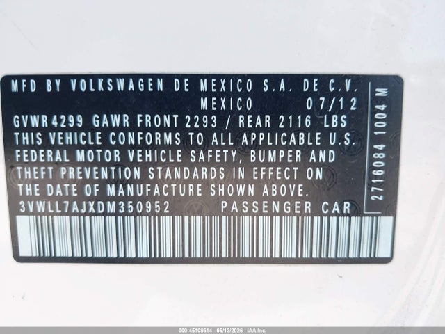 Aukcja sprzedaży 2013 Volkswagen Jetta 2.0l Tdi, vin: 3VWLL7AJXDM350952, numer aukcji: 45108614