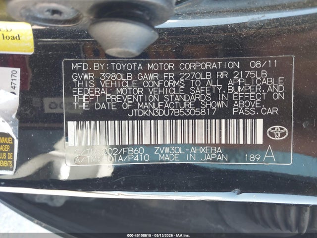 45108615 :رقم المزاد ، JTDKN3DU7B5305817 vin ، 2011 Toyota Prius Three مزاد بيع